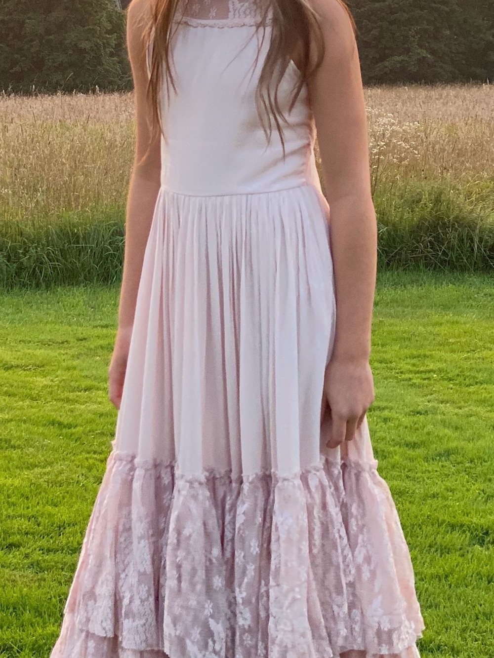 Girls' Pink Lace Tiered Maxi Dress